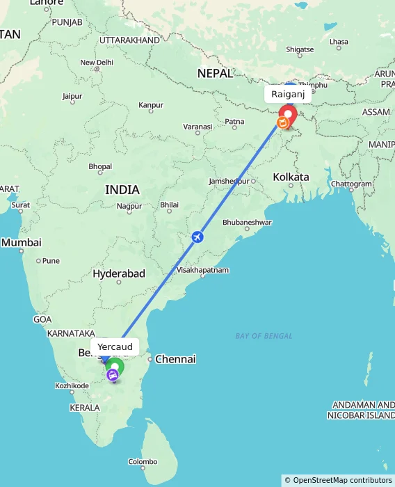 Route map showing distance and travel time from Yercaud, India to Raiganj, India
