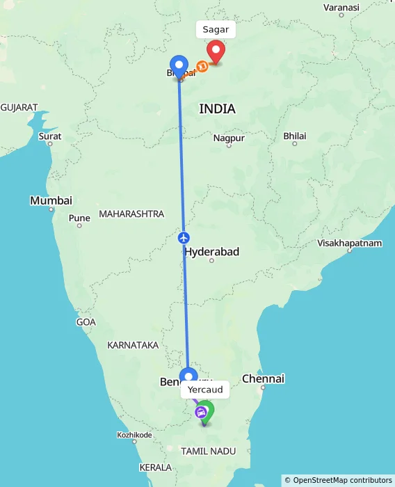 Route map showing distance and travel time from Yercaud, India to Sagar, India