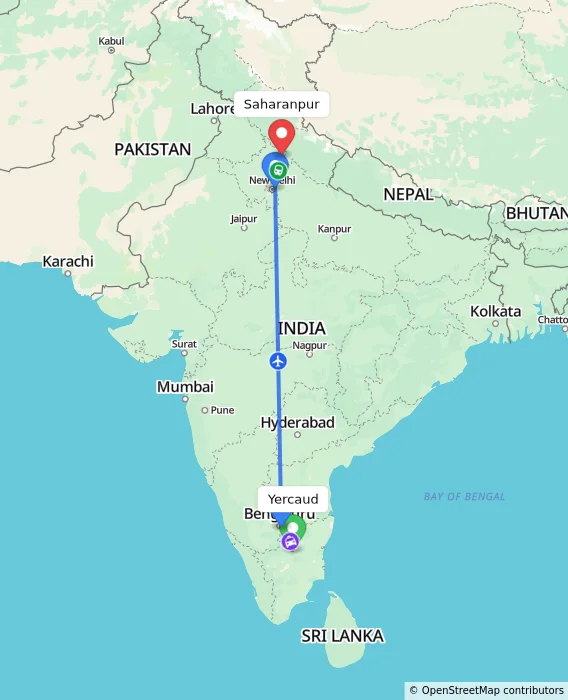 Route map showing distance and travel time from Yercaud, India to Saharanpur, India