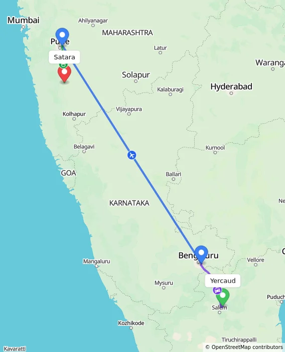 Route map showing distance and travel time from Yercaud, India to Satara, India