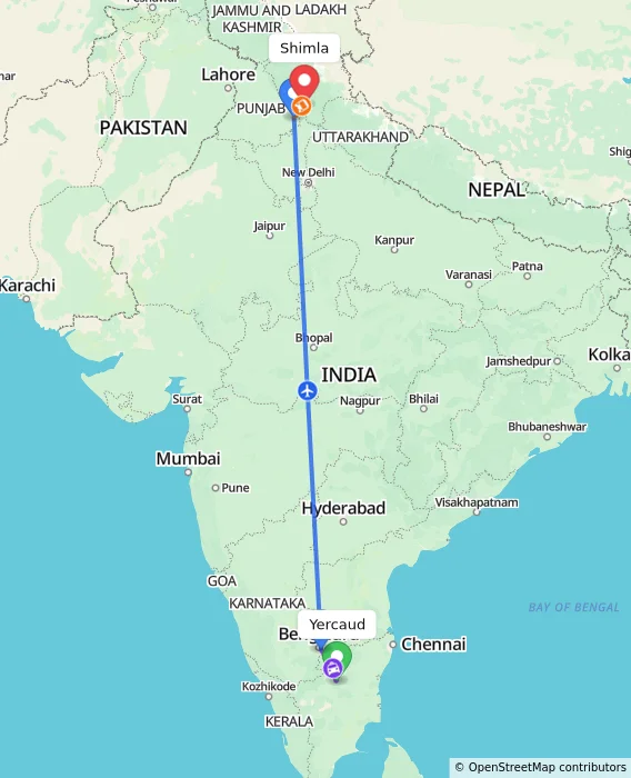 Route map showing distance and travel time from Yercaud, India to Shimla, India