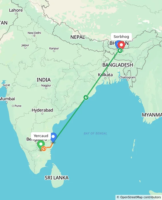 Route map showing distance and travel time from Yercaud, India to Sorbhog, India