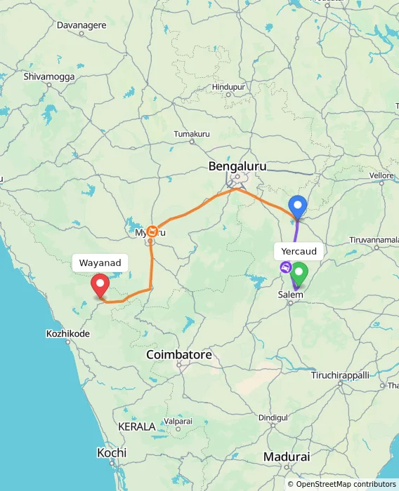 Route map showing distance and travel time from Yercaud, India to Wayanad, India