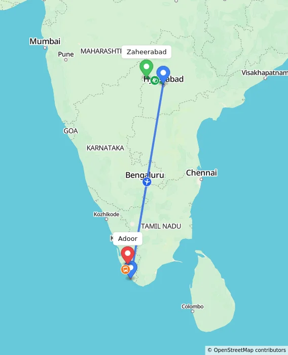 Route map showing distance and travel time from Zaheerabad, India to Adoor, India
