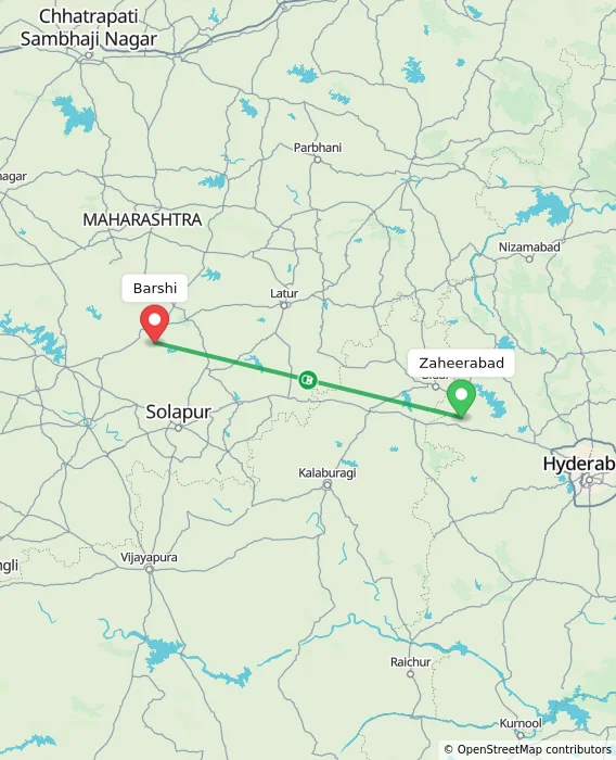 Route map showing distance and travel time from Zaheerabad, India to Barshi, India
