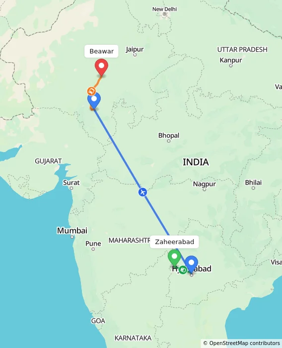 Route map showing distance and travel time from Zaheerabad, India to Beawar, India