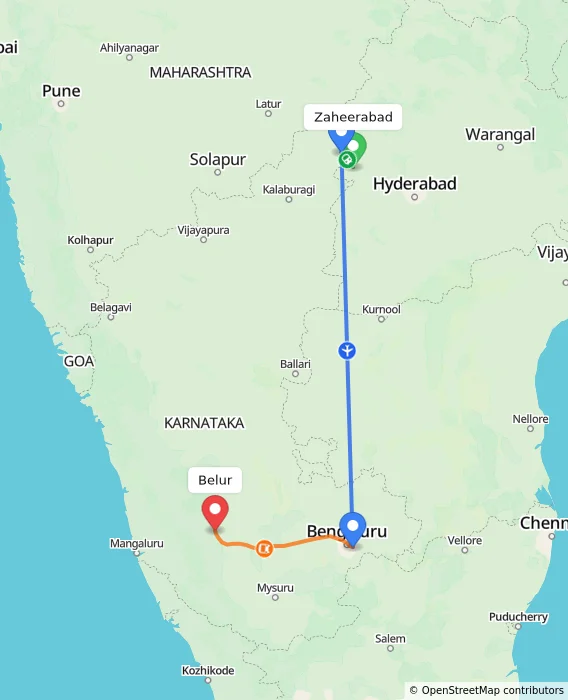 Route map showing distance and travel time from Zaheerabad, India to Belur, India