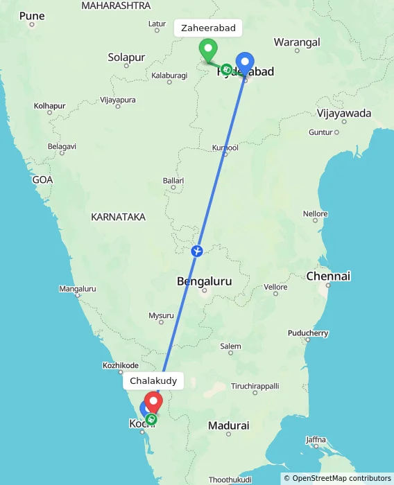 Route map showing distance and travel time from Zaheerabad, India to Chalakudy, India