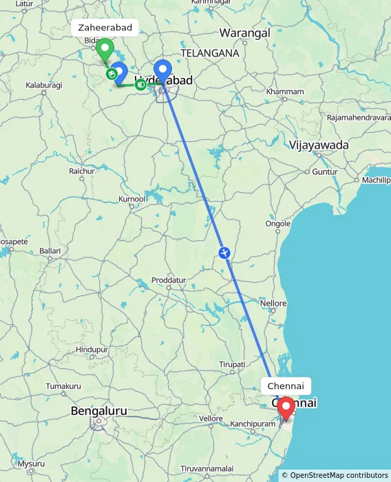Route map showing distance and travel time from Zaheerabad, India to Chennai, India
