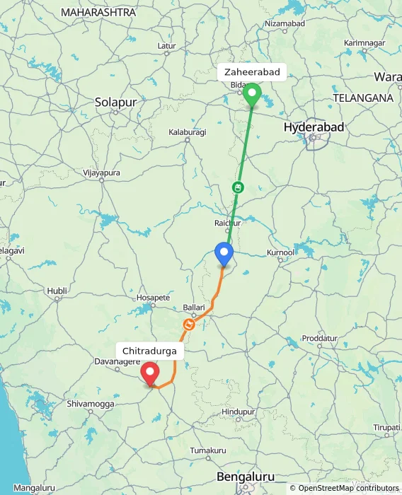 Route map showing distance and travel time from Zaheerabad, India to Chitradurga, India