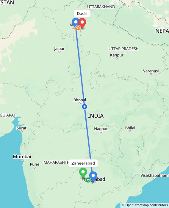 Route map showing distance and travel time from Zaheerabad, India to Dadri, India