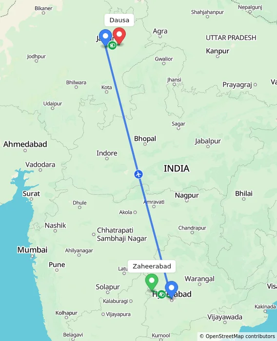 Route map showing distance and travel time from Zaheerabad, India to Dausa, India