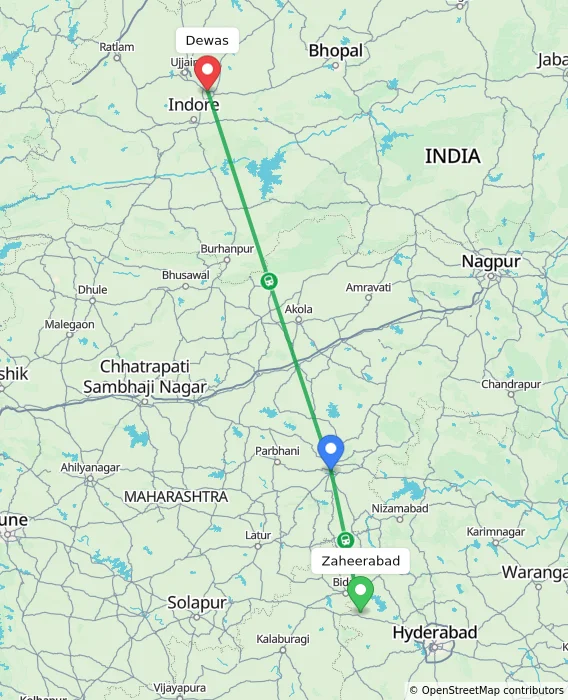 Route map showing distance and travel time from Zaheerabad, India to Dewas, India