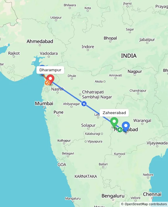 Route map showing distance and travel time from Zaheerabad, India to Dharampur, India