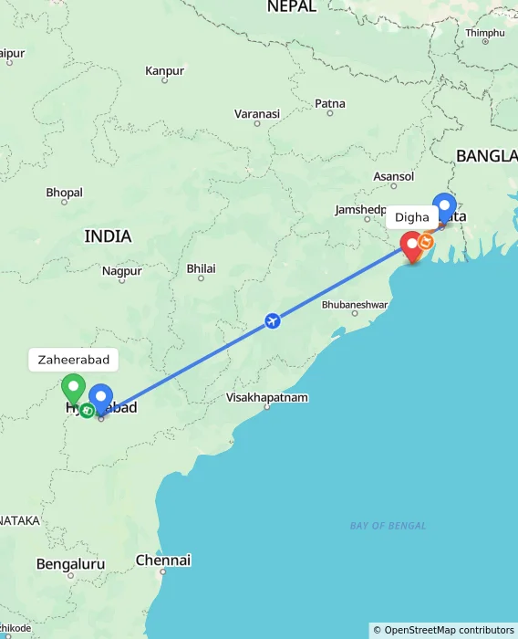 Route map showing distance and travel time from Zaheerabad, India to Digha, India