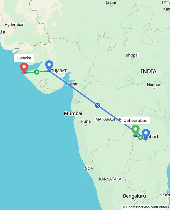 Route map showing distance and travel time from Zaheerabad, India to Dwarka, India