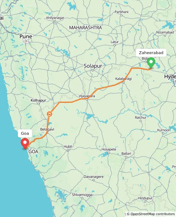 Route map showing distance and travel time from Zaheerabad, India to Goa, India