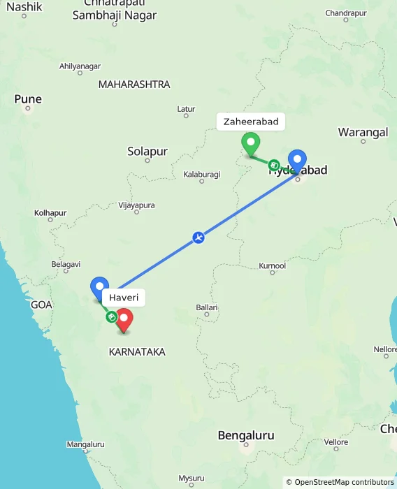 Route map showing distance and travel time from Zaheerabad, India to Haveri, India