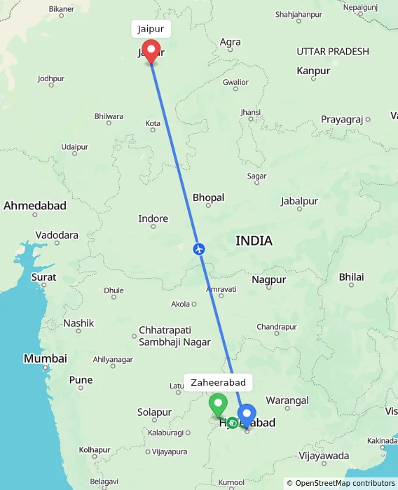 Route map showing distance and travel time from Zaheerabad, India to Jaipur, India