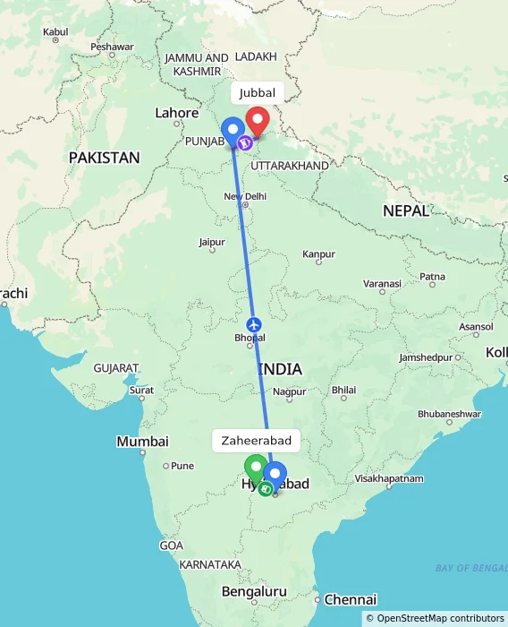 Route map showing distance and travel time from Zaheerabad, India to Jubbal, India