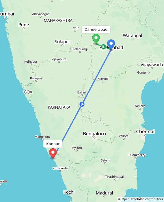 Route map showing distance and travel time from Zaheerabad, India to Kannur, India