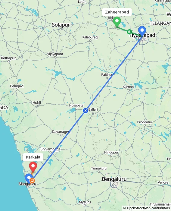 Route map showing distance and travel time from Zaheerabad, India to Karkala, India
