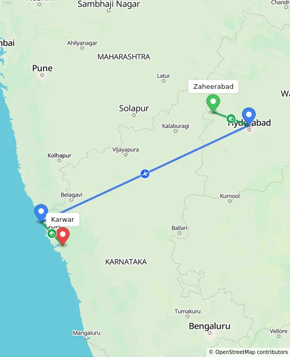 Route map showing distance and travel time from Zaheerabad, India to Karwar, India