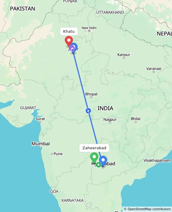 Route map showing distance and travel time from Zaheerabad, India to Khatu, India