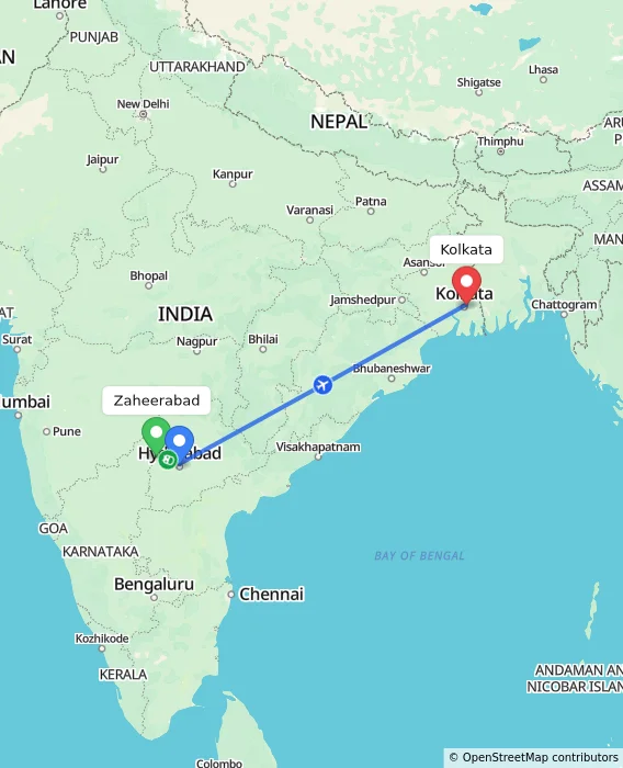 Route map showing distance and travel time from Zaheerabad, India to Kolkata, India