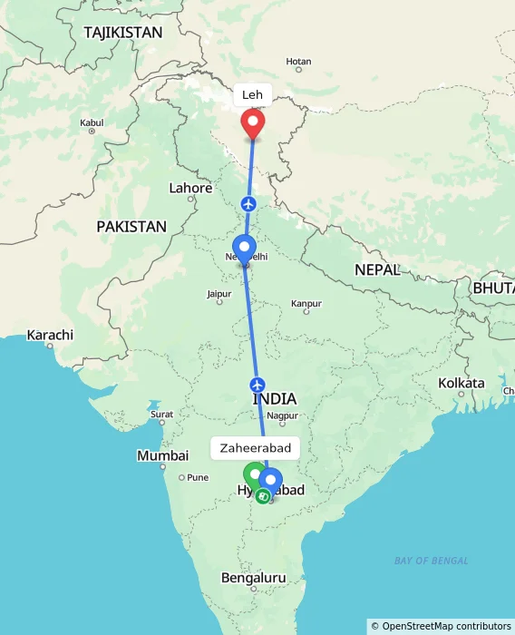 Route map showing distance and travel time from Zaheerabad, India to Leh, India