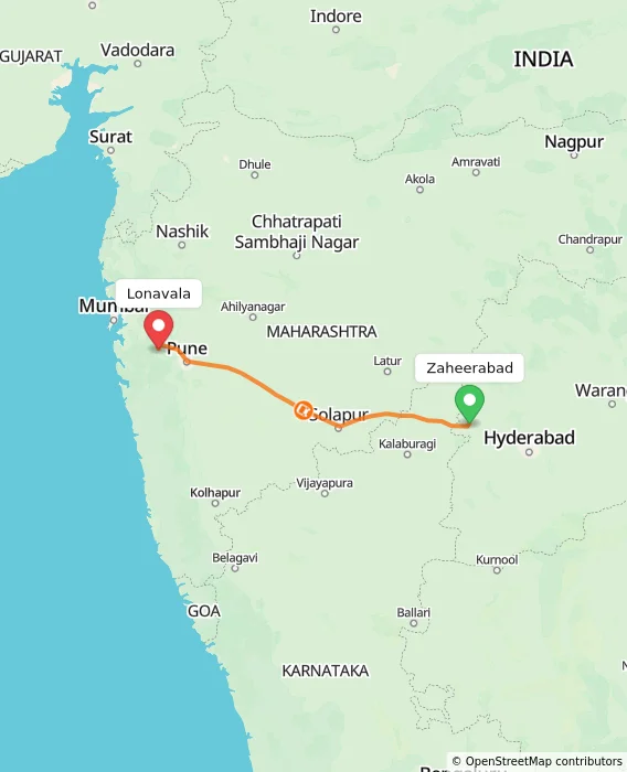 Route map showing distance and travel time from Zaheerabad, India to Lonavala, India