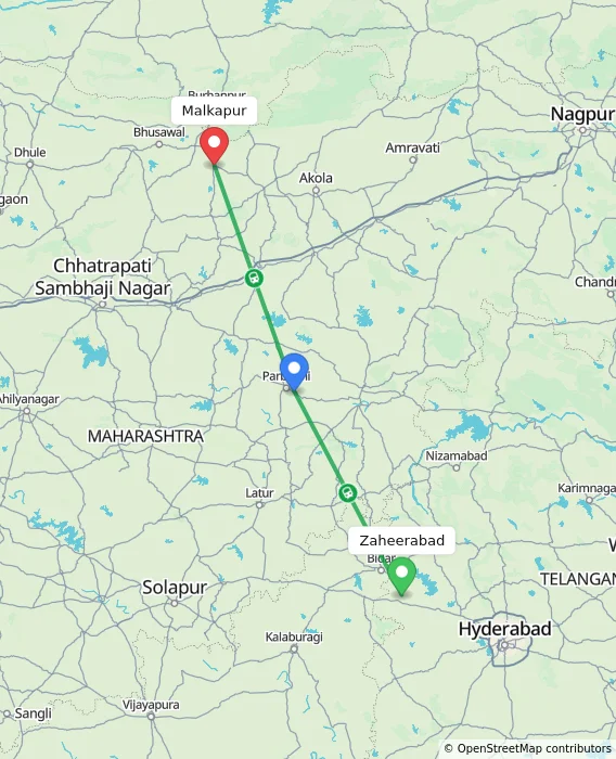 Route map showing distance and travel time from Zaheerabad, India to Malkapur, India