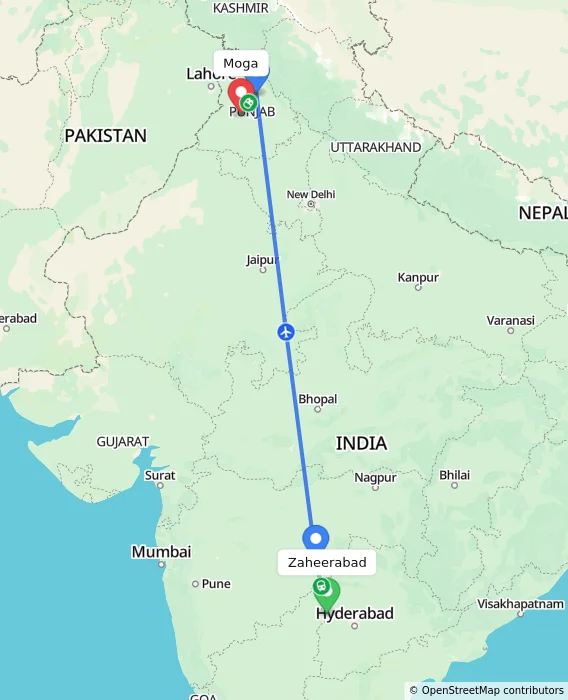 Route map showing distance and travel time from Zaheerabad, India to Moga, India