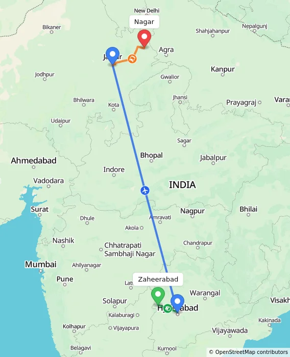 Route map showing distance and travel time from Zaheerabad, India to Nagar, India