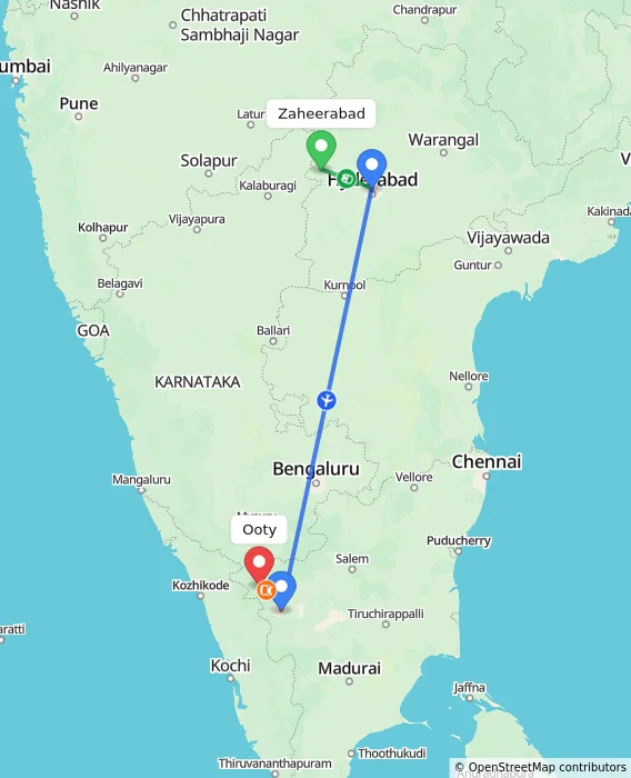 Route map showing distance and travel time from Zaheerabad, India to Ooty, India