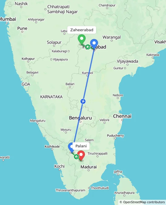 Route map showing distance and travel time from Zaheerabad, India to Palani, India
