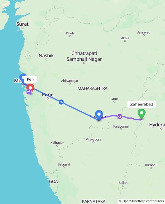 Route map showing distance and travel time from Zaheerabad, India to Pen, India