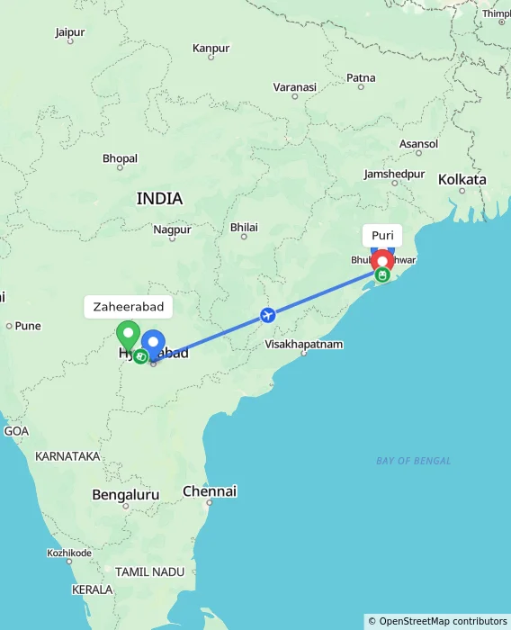 Route map showing distance and travel time from Zaheerabad, India to Puri, India