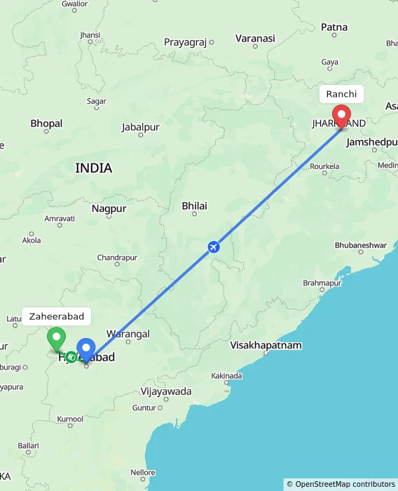 Route map showing distance and travel time from Zaheerabad, India to Ranchi, India