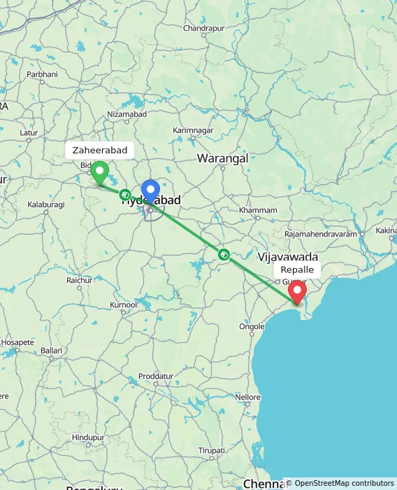 Route map showing distance and travel time from Zaheerabad, India to Repalle, India
