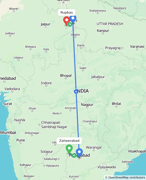 Route map showing distance and travel time from Zaheerabad, India to Rupbas, India