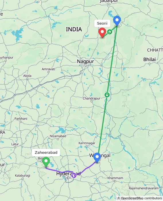 Route map showing distance and travel time from Zaheerabad, India to Seoni, India
