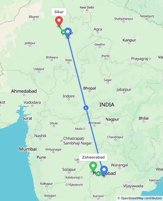 Route map showing distance and travel time from Zaheerabad, India to Sikar, India