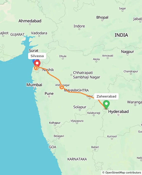 Route map showing distance and travel time from Zaheerabad, India to Silvassa, India