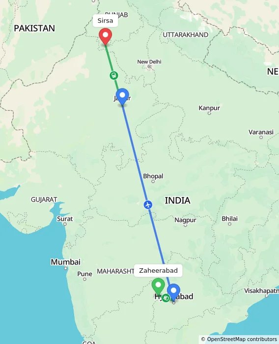 Route map showing distance and travel time from Zaheerabad, India to Sirsa, India