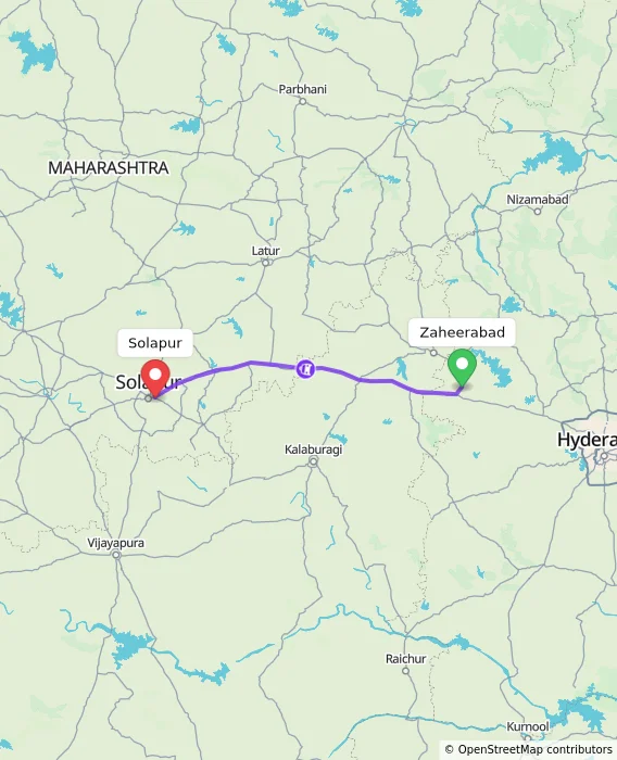 Route map showing distance and travel time from Zaheerabad, India to Solapur, India