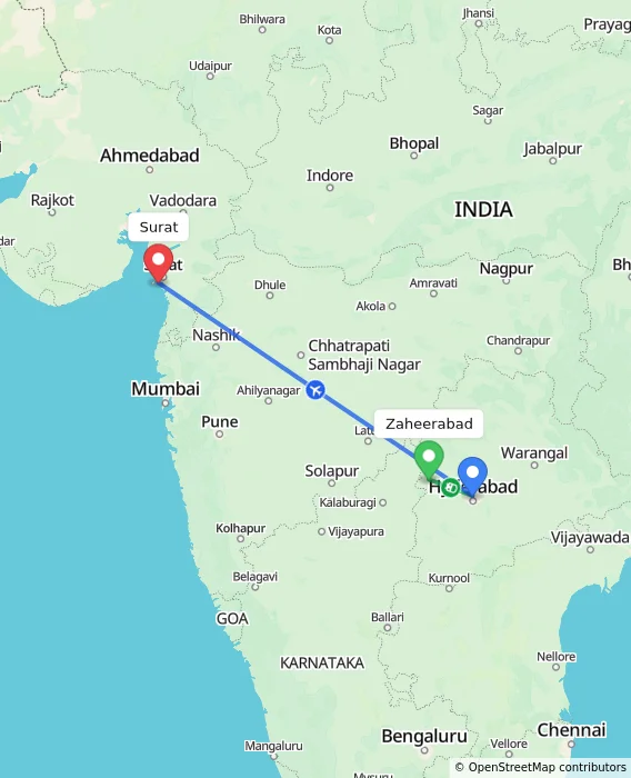 Route map showing distance and travel time from Zaheerabad, India to Surat, India