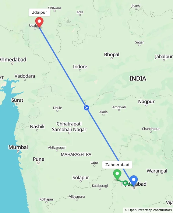 Route map showing distance and travel time from Zaheerabad, India to Udaipur, India