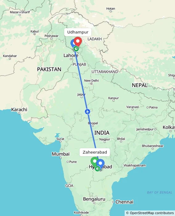 Route map showing distance and travel time from Zaheerabad, India to Udhampur, India