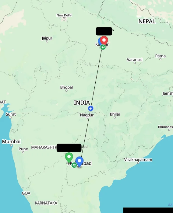 Route map showing distance and travel time from Zaheerabad, India to Unnao, India